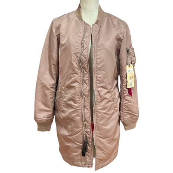 NWT Alpha Industries Mauve Pink MA-1 Long Jacket in Size S - Picture 2 of 9